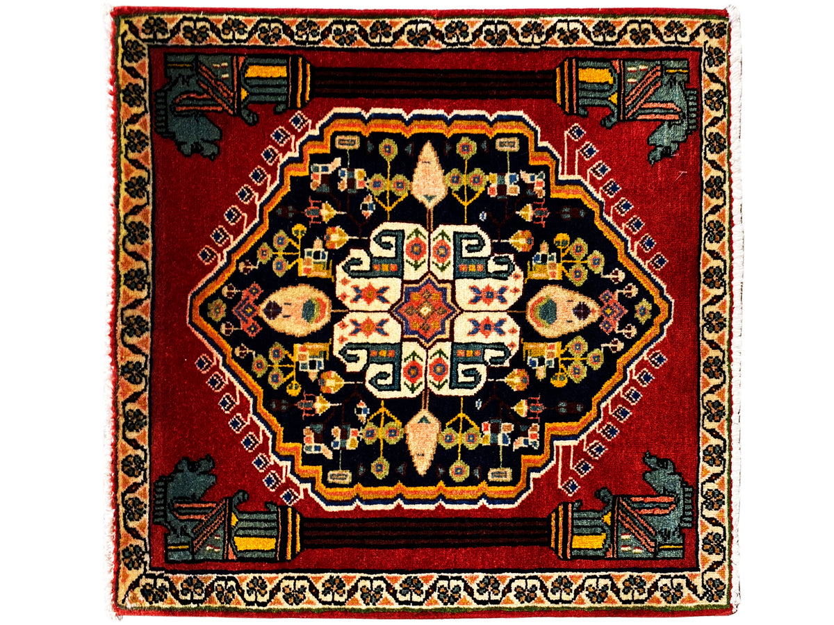 Poshti rug with a red background, dark medallion, and colorful patterns in the center