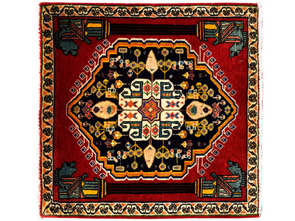 Poshti rug with a red background, dark medallion, and colorful patterns in the center