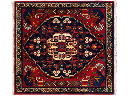 Rug with a square medallion, blue-red pattern, cream-colored accents, and fringed edge
