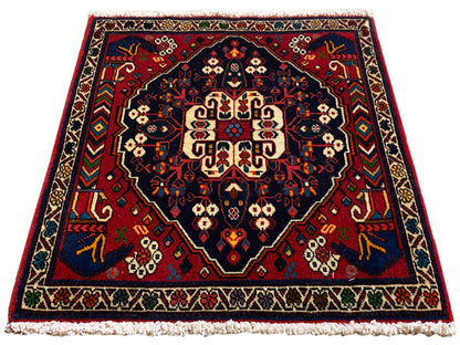 Square-format rug with a central medallion, red and blue ornamentation, and short fringes