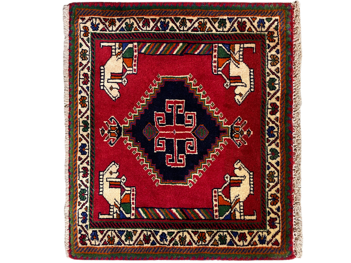 Poshti rug 58x68 cm, red geometric pattern with border and hand figures