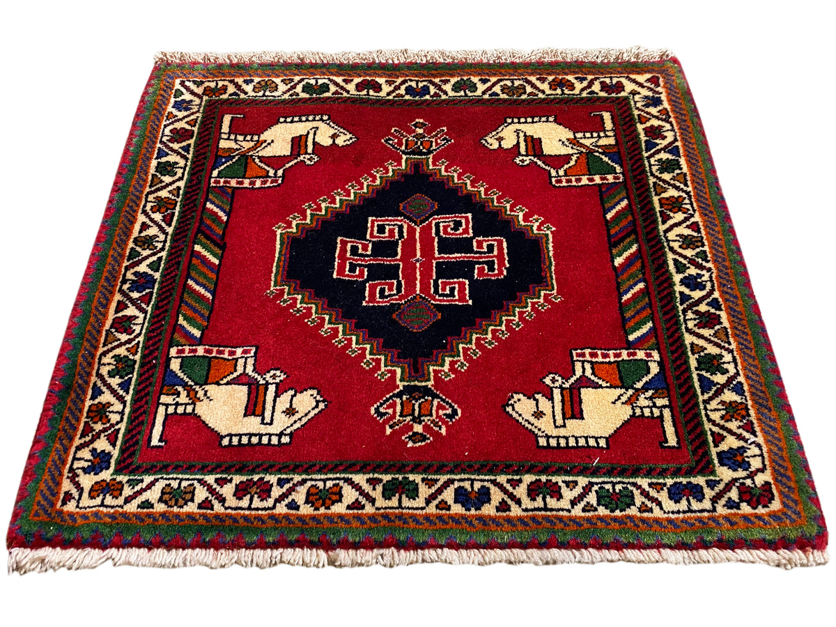 Poshti rug 58x68 cm, red rug with medallion, decorative border, and hands