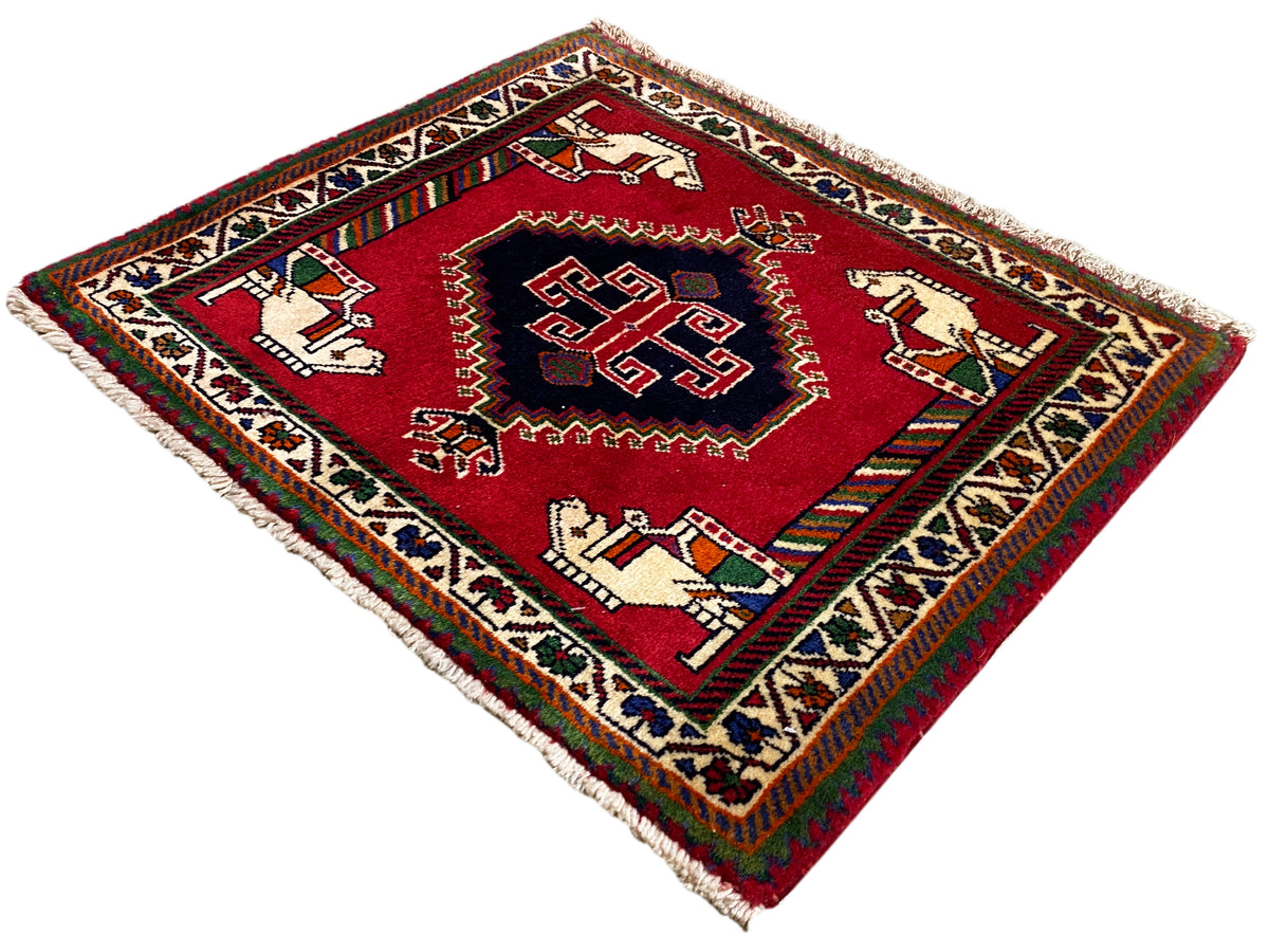 Poshti rug 58x68 cm, red rug with a geometric inner pattern and border