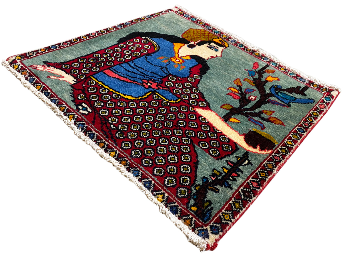 Poshti rug 68x63 cm diagonal: figure and tree, geometric patterns, fringes on the edges