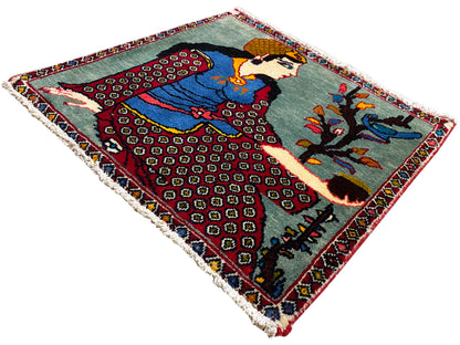 Poshti rug 68x63 cm diagonal: figure and tree, geometric patterns, fringes on the edges