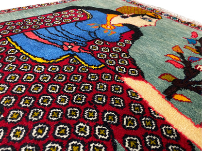 Poshti rug 68x63 cm Detail: Small-scale patterned strips, figurative motif, border, fringe