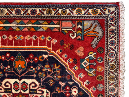 Carpet detail: red and blue ornamental field with a multicolored border and fringes