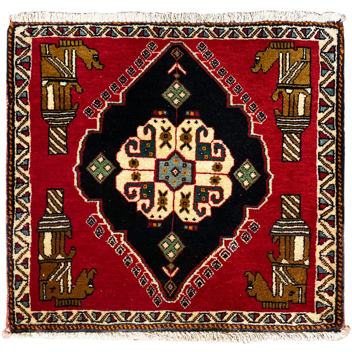 Poshti rug 63x55 cm: square design, red base with black medallion and multicolored border