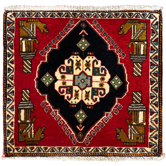 Poshti rug 63x55 cm: square design, red base with black medallion and multicolored border