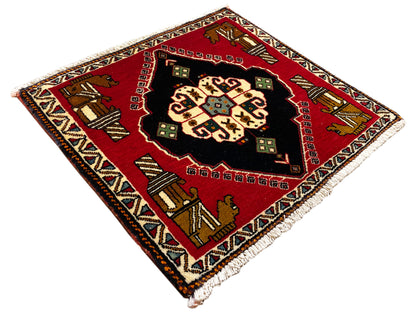 Poshti rug 63x55 cm: square, laid on the diagonal; red background with a black center and fringe