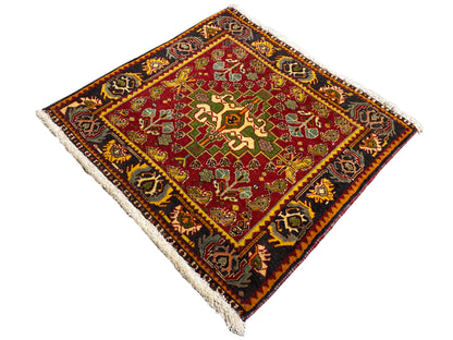 Poshti rug 61x61 cm, corner view, red with a colorful ornamental inlay