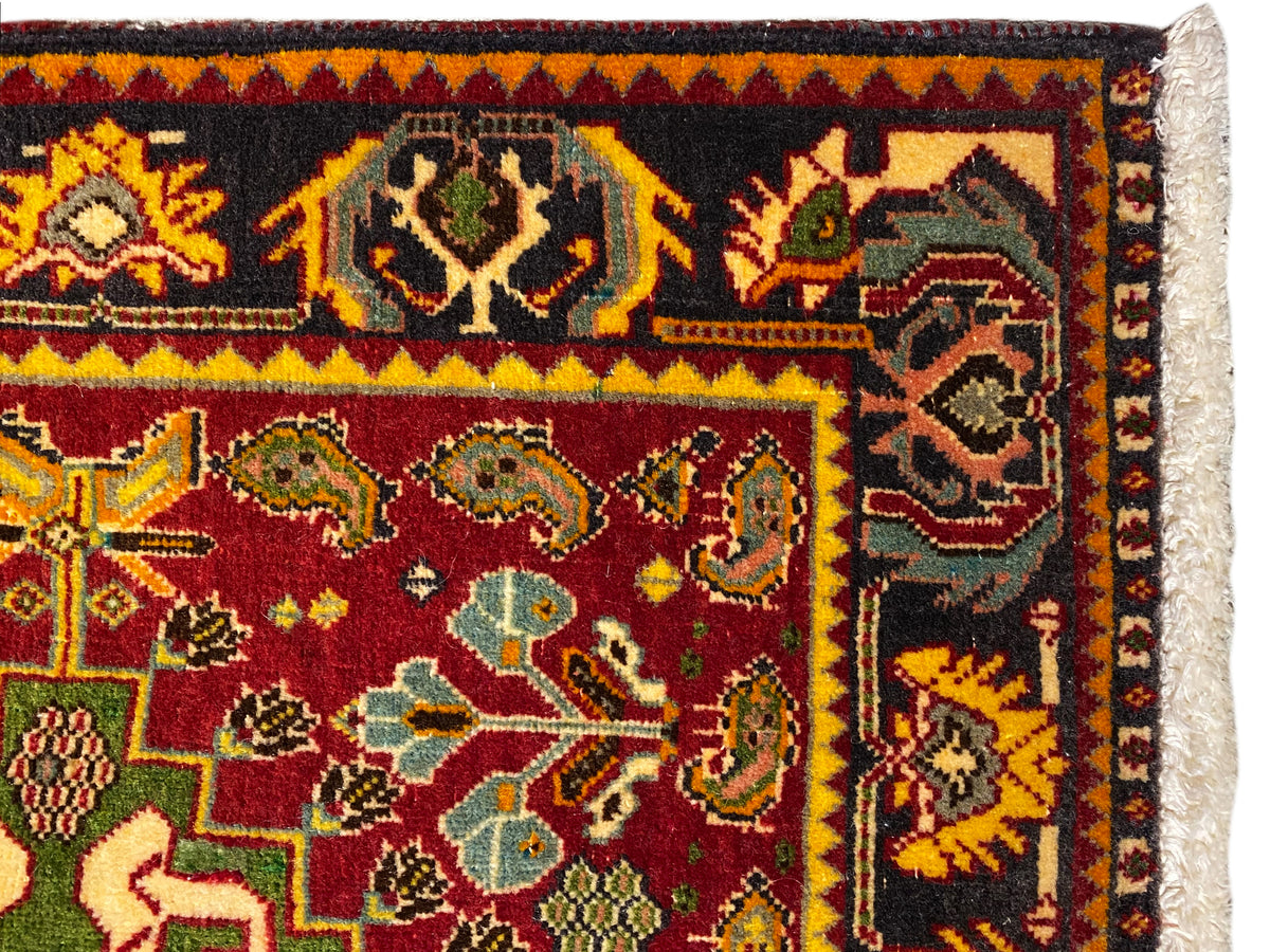 Poshti rug 61x61 cm detail, red field with colorful motif ornaments