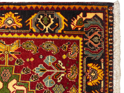 Poshti rug 61x61 cm detail, red field with colorful motif ornaments