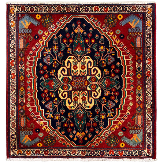 Rug 67x60 cm with a blue pattern, red border, and floral decorative elements