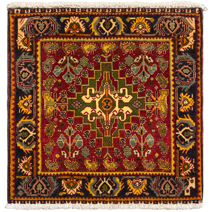 Carpet with a red medallion pattern, green-yellow details, and a dark border, outlined in white