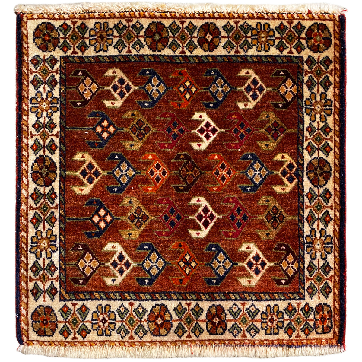 Poshti rug 60x55 cm with a geometric pattern in red, brown, blue, and cream