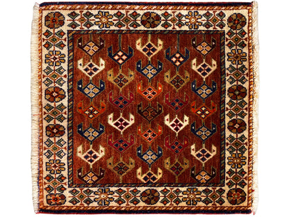 Poshti rug 60x55 cm square, geometric ornaments in reddish brown, blue, and cream