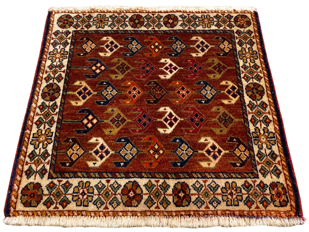 Poshti carpet 60x55 cm, square, with a reddish-brown field and blue-red diamonds