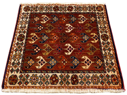Poshti carpet 60x55 cm, square, with a reddish-brown field and blue-red diamonds