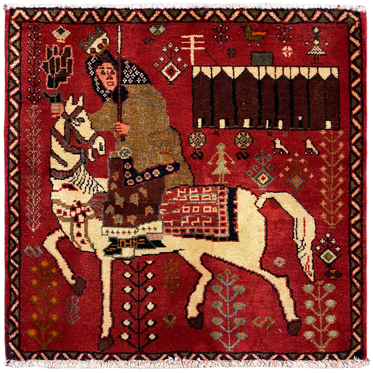 Reddish-brown Poshti rug with fringes, scene featuring a woman and horse, 63x62 cm