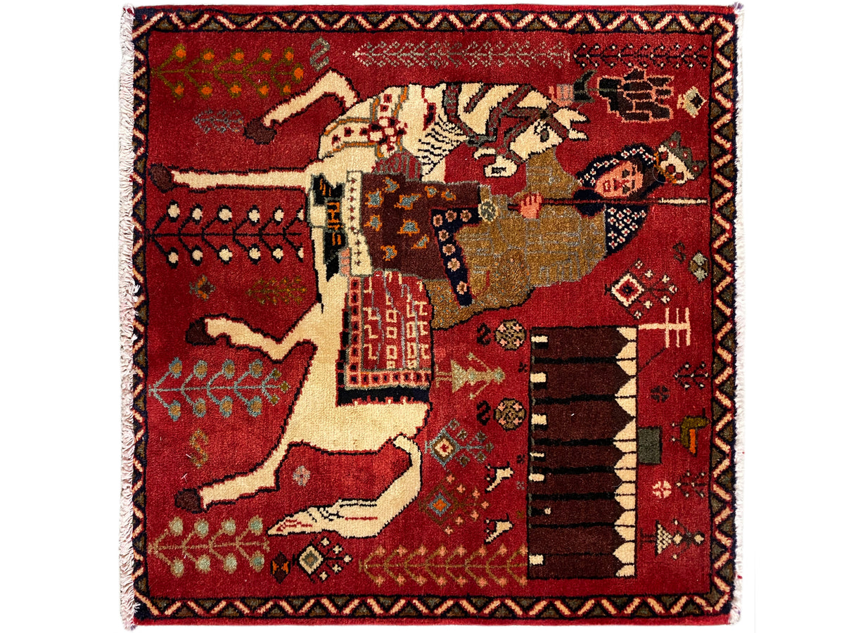 Reddish-brown Poshti rug with fringes, person and horse in an oriental pattern, 63x62 cm