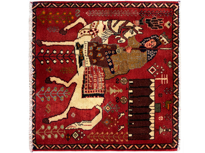 Reddish-brown Poshti rug with fringes, person and horse in an oriental pattern, 63x62 cm