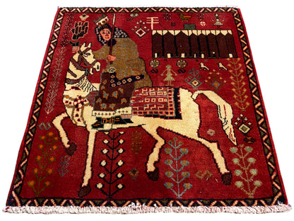 Reddish-brown Poshti rug with fringes, scene featuring a woman and horse, 63x62 cm