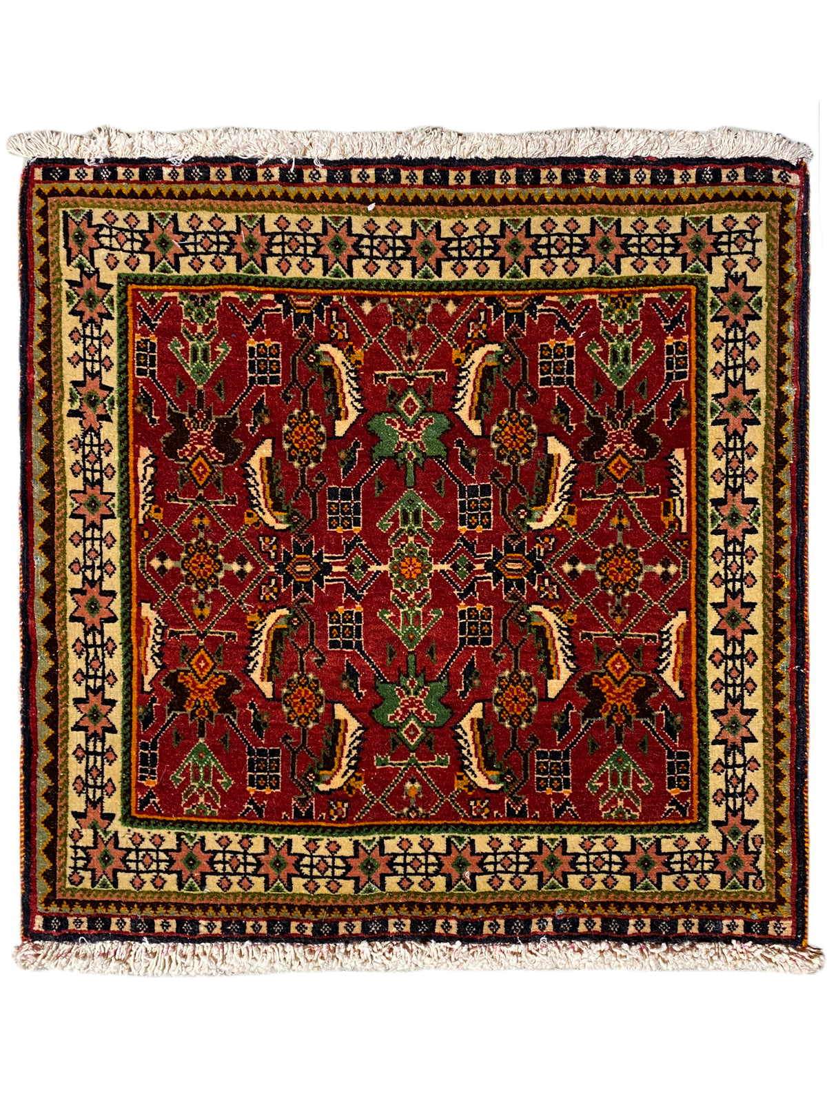 Poshti rug, 63x61 cm, rectangular, with a red pattern, multicolored border, and fringe.