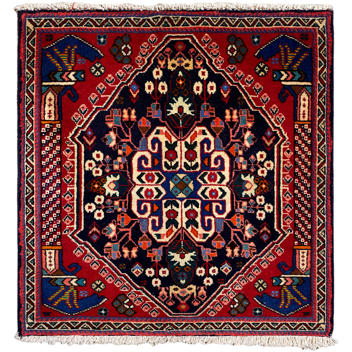 Poshti rug 66x63 cm with dark blue, red, and intricate ornamental pattern