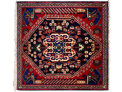 Poshti rug 66x63 cm with red border, dark blue, and geometric pattern