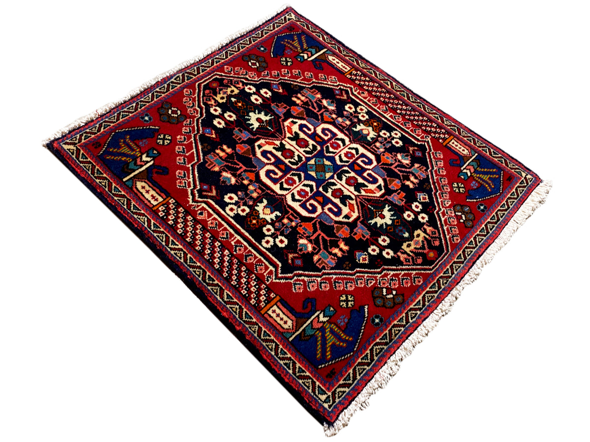 Poshti rug 66x63 cm, dark blue field, red border and floral ornaments