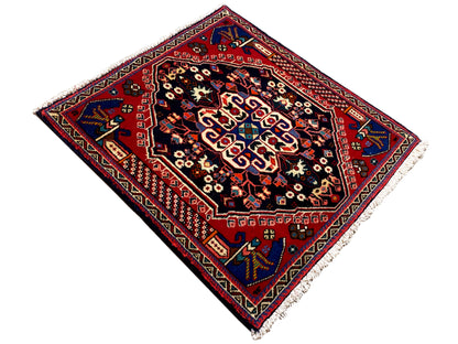 Poshti rug 66x63 cm, dark blue field, red border and floral ornaments