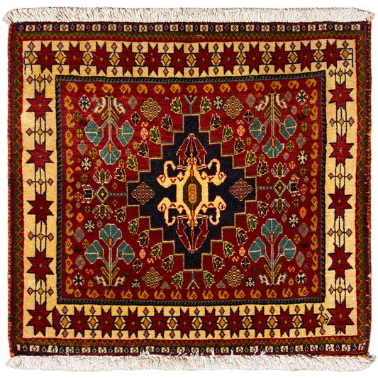 Poshti rug, 60x58 cm, red pattern with black medallion and fringes