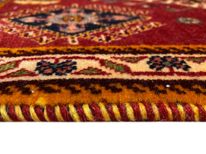 Poshteh rug detail at the edge: fringe trim and multicolored borders