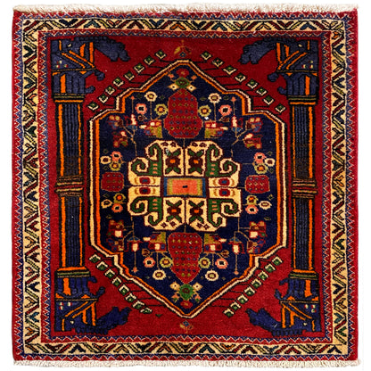 Poshti rug, square, 66x62 cm, red pattern with blue-and-yellow decorative borders.