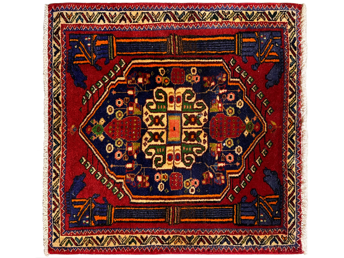 Poshti rug 66x62 cm with red central medallion and blue corner ornament.