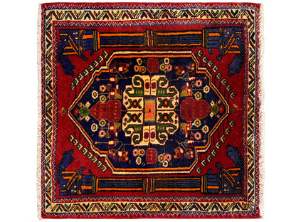 Poshti rug 66x62 cm with red central medallion and blue corner ornament.