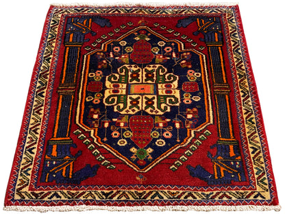 Poshti rug 66x62 cm laid flat: red central medallion with geometric ornaments.