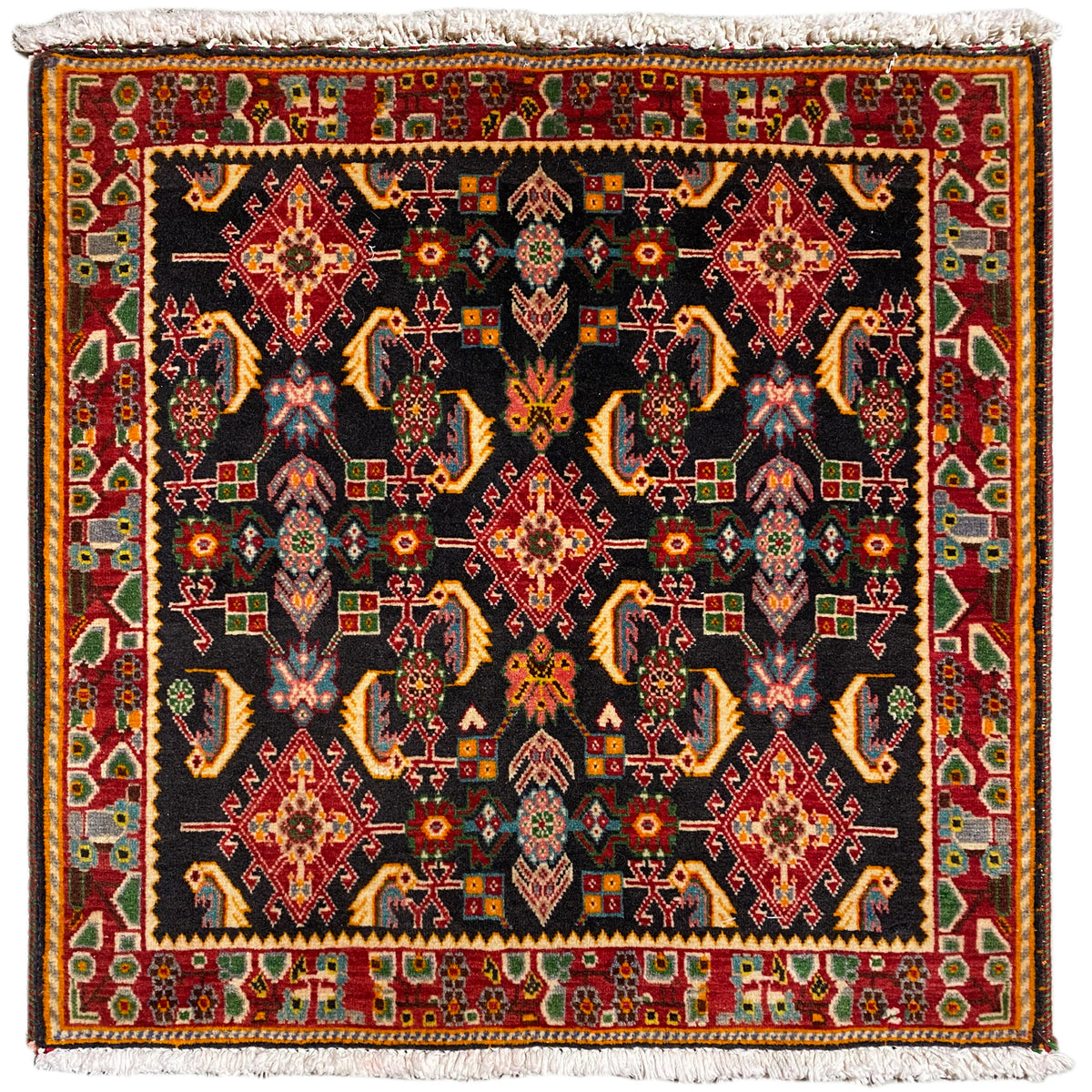 Poshti rug with geometric pattern: black, shades of red, yellow and green, 66x65 cm