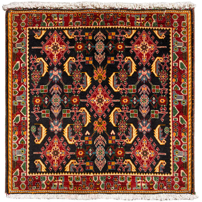 Poshti rug with geometric pattern: black, shades of red, yellow and green, 66x65 cm