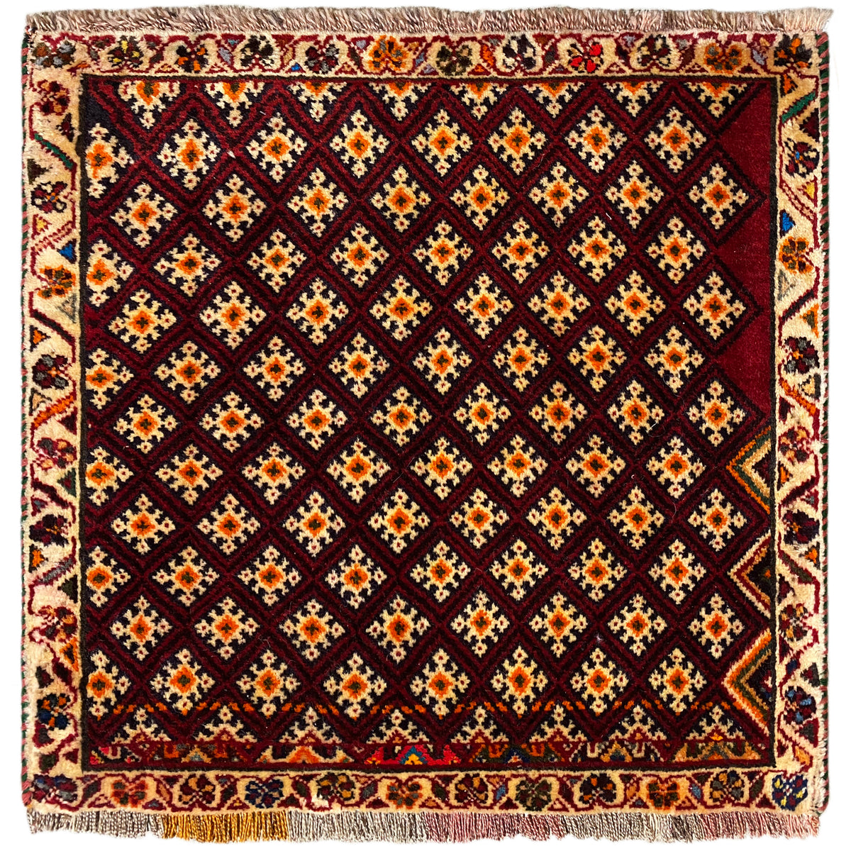 Poshti rug 61x59 cm: square design with geometric pattern, dark red and multicolored