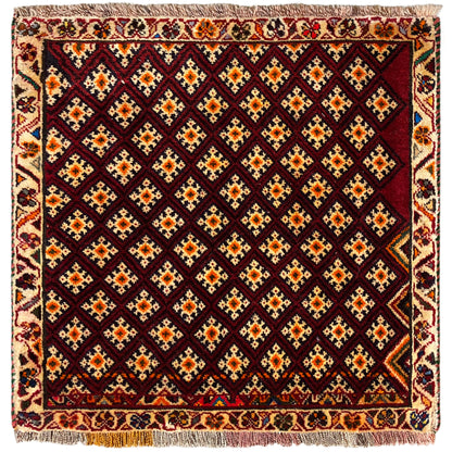 Poshti rug 61x59 cm: square design with geometric pattern, dark red and multicolored