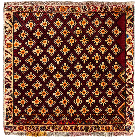Poshti rug 61x59 cm: square design with geometric pattern, dark red and multicolored