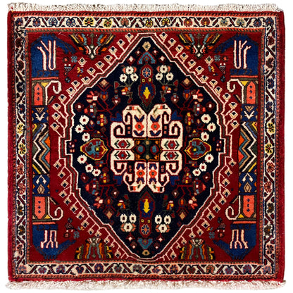 Poshti rug with a dark blue pattern and red borders, rectangular, fringed
