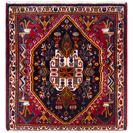Square rug with a dark blue background, red border, and ornamental pattern, 70x67 cm