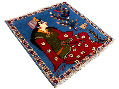 Poshti rug 65x63 cm, diagonal motif of a figure and tree, blue and red color fields