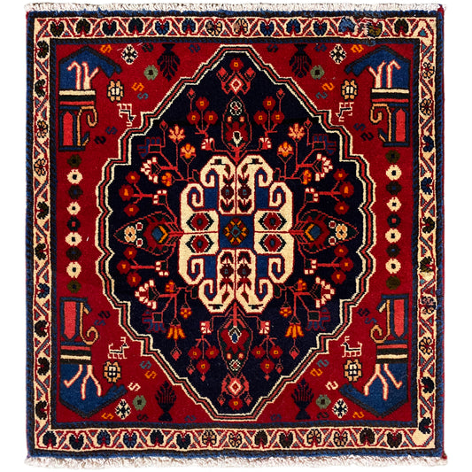 Rug with a red, blue, and beige ornamental pattern, square, 68x64 cm
