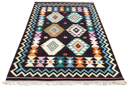 Handgewebter Wollen Kelim Dhurrie Teppich - 240x170cm (8x6ft) - Lebhaftes Tribal-Muster - German Carpet Shop