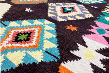 Handgewebter Wollen Kelim Dhurrie Teppich - 240x170cm (8x6ft) - Lebhaftes Tribal-Muster - German Carpet Shop