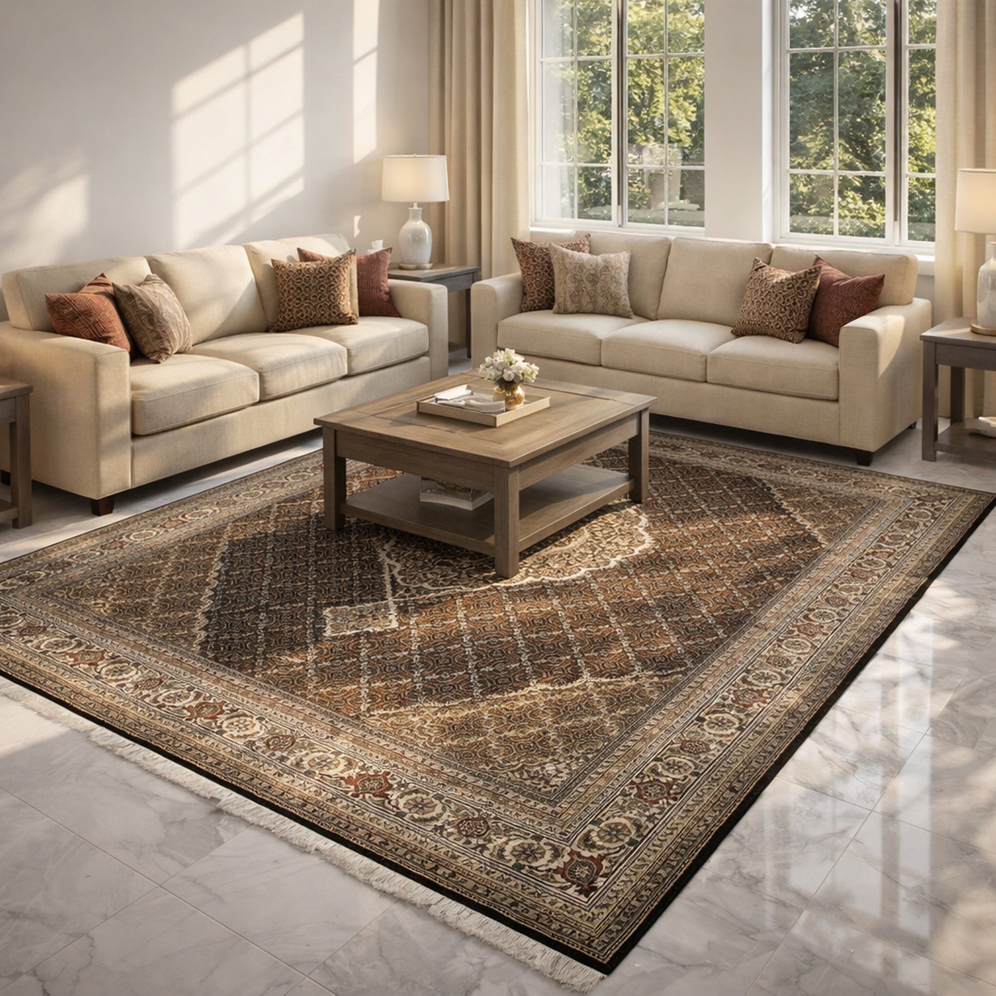 Wohnzimmer Klassischer Indo Tabriz Orientteppich mit Medaillon Muster in Braun